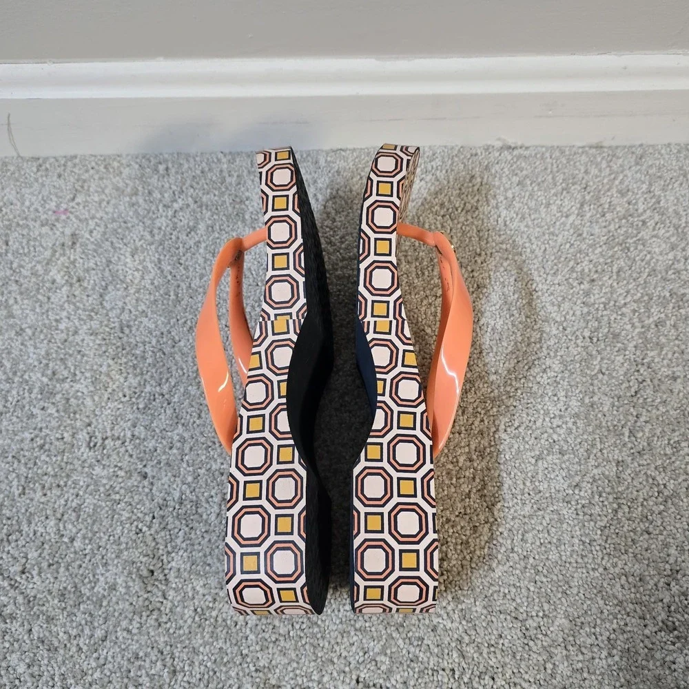 Tory Burch Cutout Curved Wedge Flip‎ Flops Fresh Melon Ballet Pink Octagon Used
